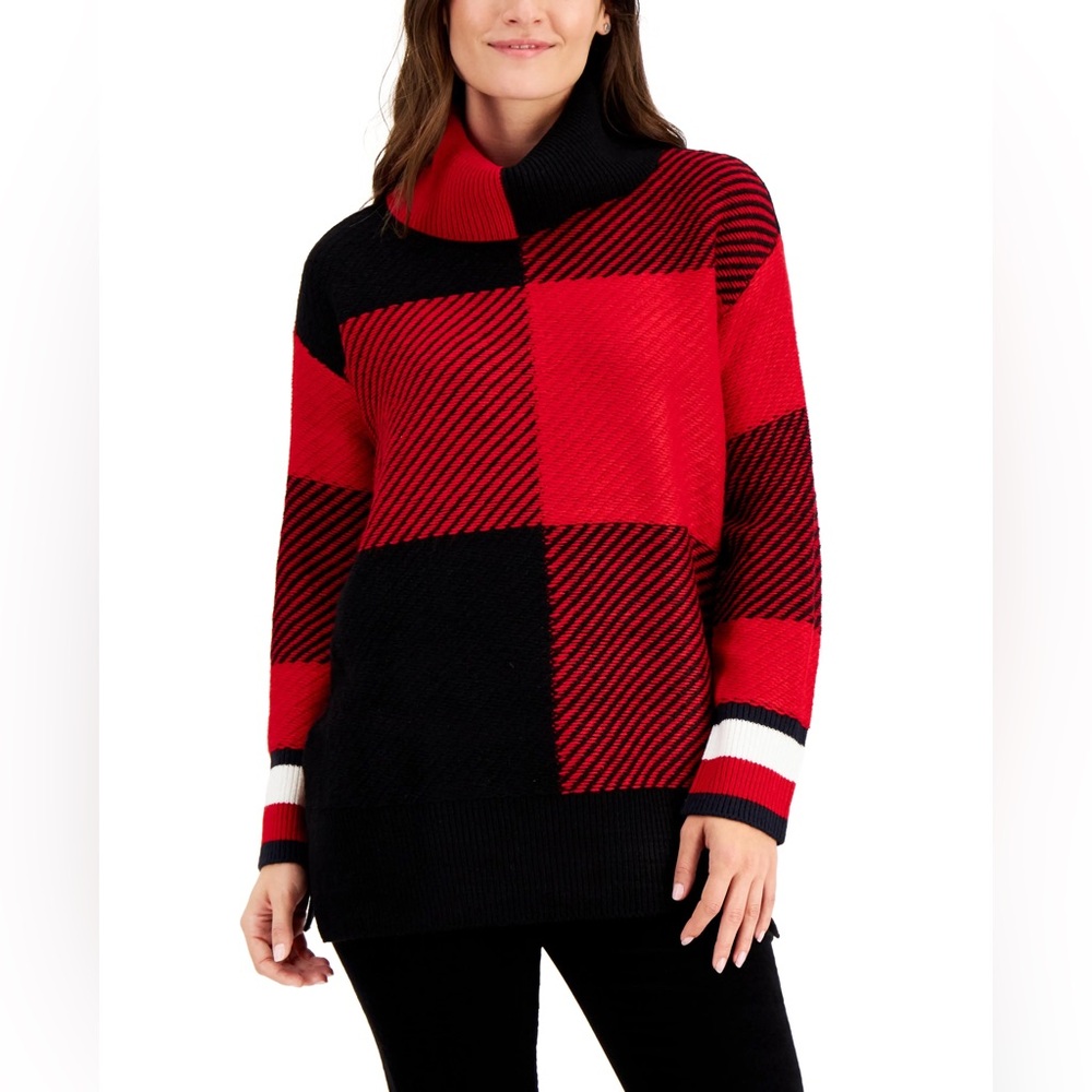 ✨ Tommy Hilfiger Red and Black Turtleneck Sweater